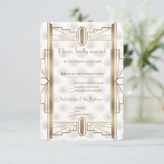 Charm Gold Great Gatsby Art Deco 20s Trouw-RSVP RSVP Kaartje (Staand voorkant)