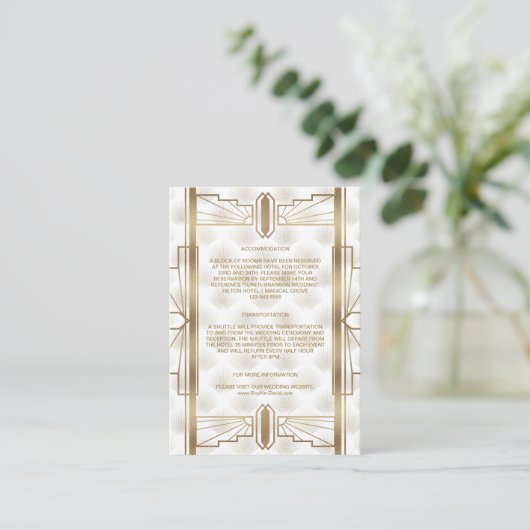 Charm Gold Great Gatsby Art Deco Wedding Details Informatiekaartje (Staand voorkant)