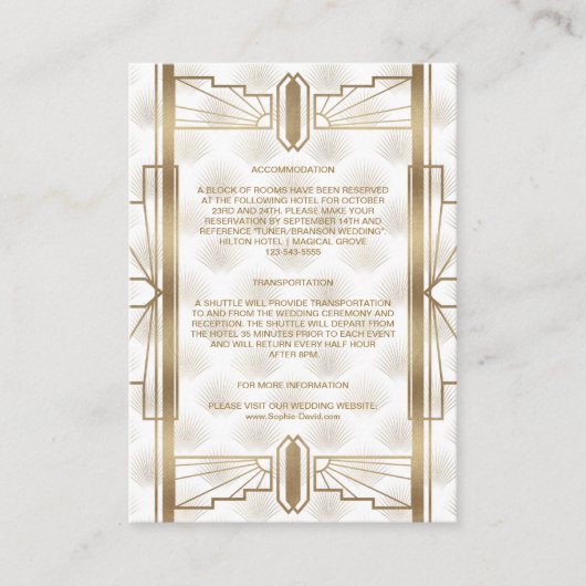 Charm Gold Great Gatsby Art Deco Wedding Details Informatiekaartje (Voorkant)