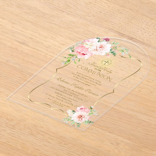 Charm Gold Lente Blush Bloemen Meisje Eerste Heili Acryl Uitnodigingen (Laagn)