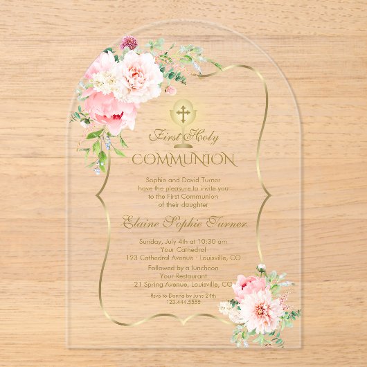 Charm Gold Lente Blush Bloemen Meisje Eerste Heili Acryl Uitnodigingen (Voorkant)