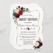 Charm Gold Merlot Navy Blue Floral Sweet 16 Kaart (Voorkant / Achterkant)