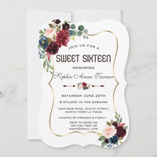 Charm Gold Merlot Navy Blue Floral Sweet 16 Kaart (Voorkant)