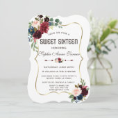 Charm Gold Merlot Navy Blue Floral Sweet 16 Kaart (Staand voorkant)