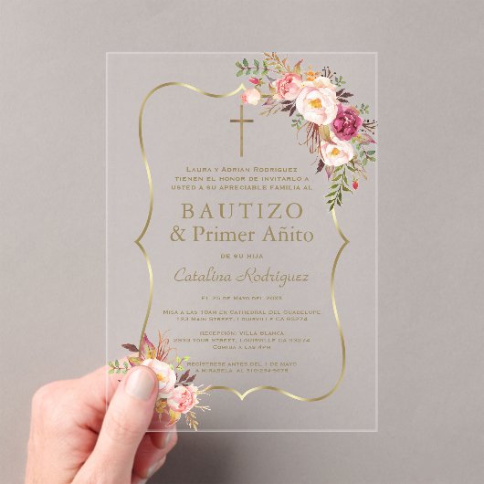 Charm Gold Pink Blush Bloemen 1e Verjaardag Doop Acryl Uitnodigingen (Insitu (Draagbaar))