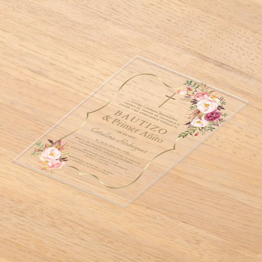 Charm Gold Pink Blush Bloemen 1e Verjaardag Doop Acryl Uitnodigingen (Laagn)