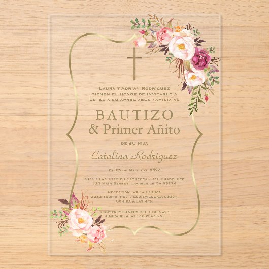 Charm Gold Pink Blush Bloemen 1e Verjaardag Doop Acryl Uitnodigingen (Voorkant)