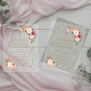 Charm Gold Pink Blush Bloemen 1e Verjaardag Doop Acryl Uitnodigingen