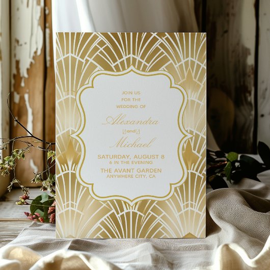 Charm Gold White Art Deco Great Gatsby Wedding Kaart