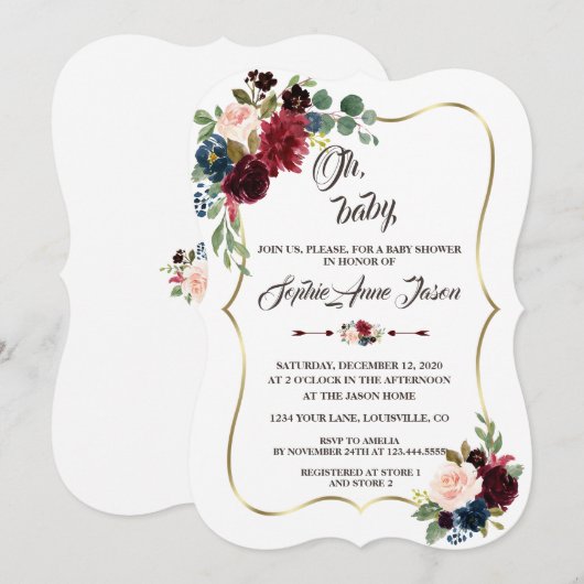 Charm Goud Merlot Navy Blauw Bloemig Baby Shower Kaart (Voorkant / Achterkant)