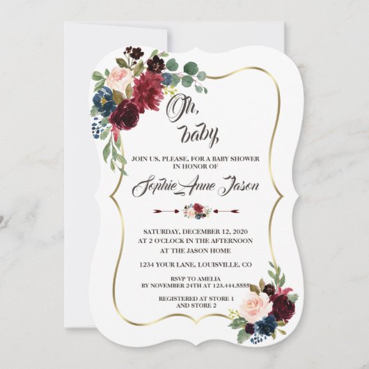 Charm Goud Merlot Navy Blauw Bloemig Baby Shower Kaart (Voorkant)