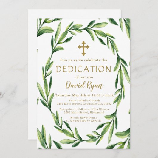 Charm Greenery Leaves Wreath Gold Boy Dedication Kaart (Voorkant / Achterkant)