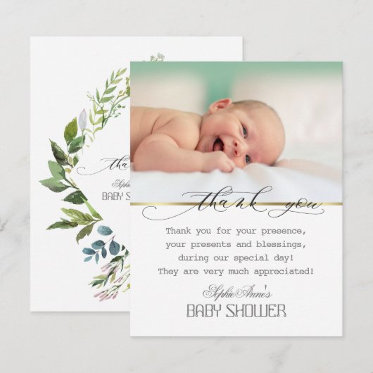 Charm Greenery Lijst Gold Photo Baby shower Bedankkaart (Voorkant / Achterkant)
