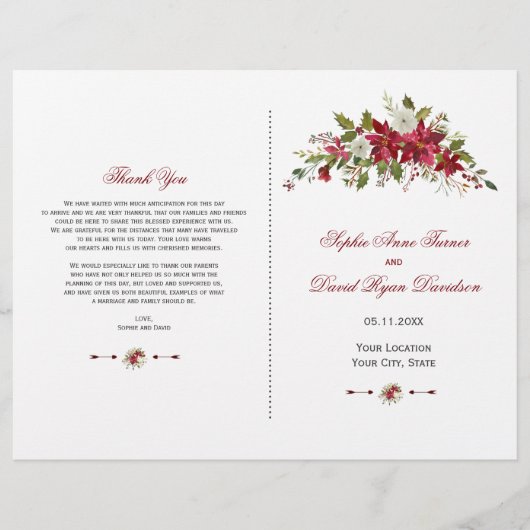 Charm Holiday Red Poinsettia Wedding Programme (Voorkant)