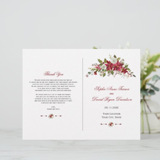 Charm Holiday Red Poinsettia Wedding Programme (Staand voorkant)