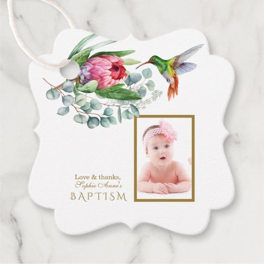 Charm Hummingbird Tropical Flowers Photo Baptisme Bedankjes Labels (Voorkant)