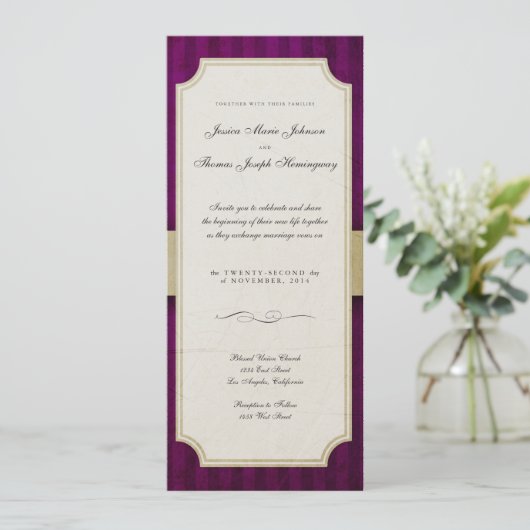  Charm Ivory & Eggplant Monogram Weddenschap Kaart (Staand voorkant)