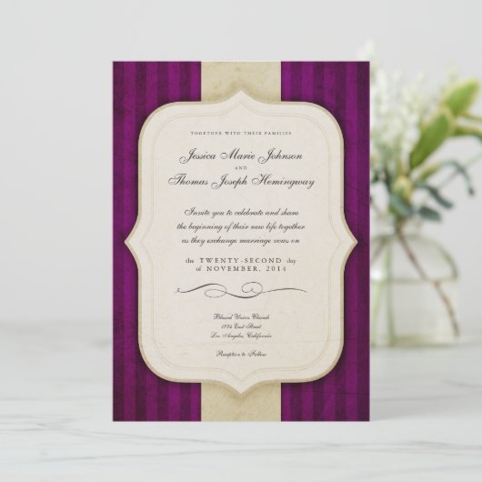  Charm Ivory & Eggplant Wedding Invites Kaart (Staand voorkant)