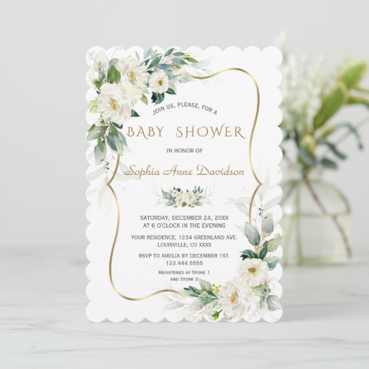 Charm Ivory White Flowers Gold Lijst Baby shower Kaart (Staand voorkant)
