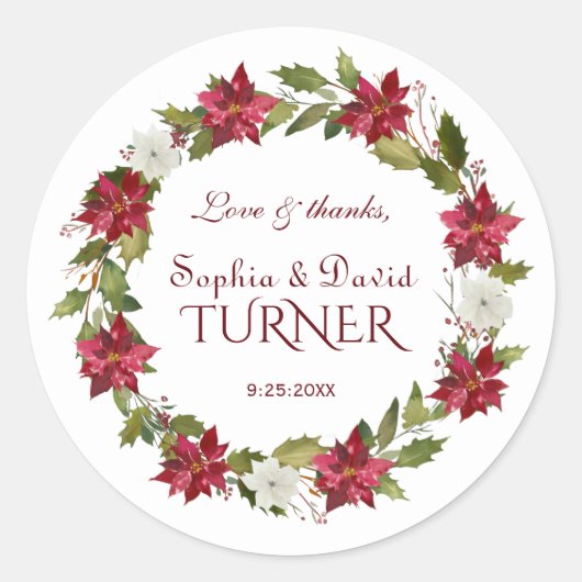 Charm Kerstmis Rood Witte Poinsettia Bruiloft Ronde Sticker (Voorkant)