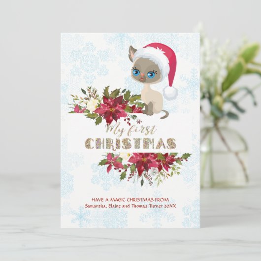 Charm Kind Mijn 1e Kerstkitten Santa Poinsettia Feestdagenkaart (Staand voorkant)