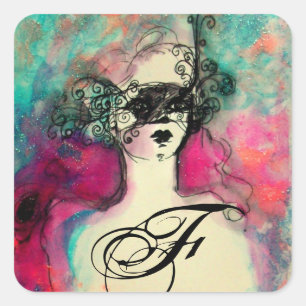 CHARM/Lady met Mask Monogram roze Blauwgroen Groen Vierkante Sticker