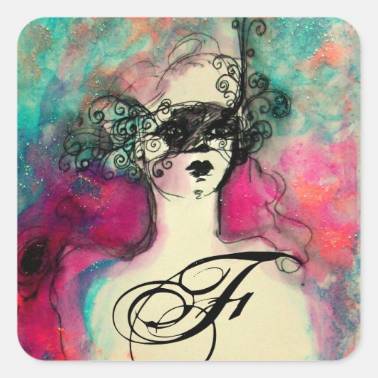CHARM/Lady met Mask Monogram roze Blauwgroen Groen Vierkante Sticker (Voorkant)