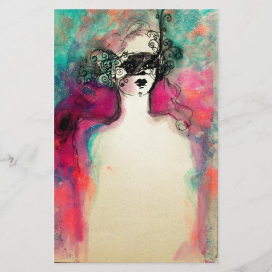 CHARM/Lady met masker, roze Blauwgroen groen Briefpapier (Voorkant)