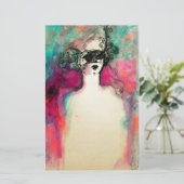 CHARM/Lady met masker, roze Blauwgroen groen Briefpapier (Staand voorkant)