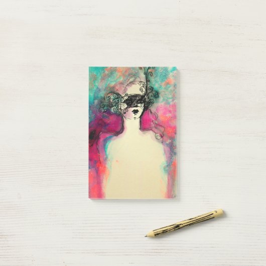 CHARM/Lady met maskerroze Blauwgroen groen Post-it® Notes (Op bureau)