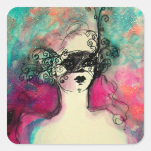 CHARM/Lady met maskerroze Blauwgroen groen Vierkante Sticker