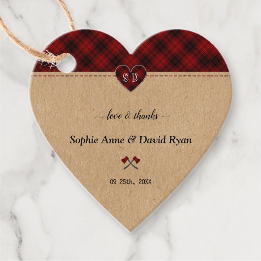 Charm Landelijk Rood Buffalo Plaid Monogram Huweli Bedankjes Labels (Voorkant)