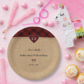 Charm Landelijk Rood Buffalo Plaid Monogram Huweli Papieren Bordje (Feest)