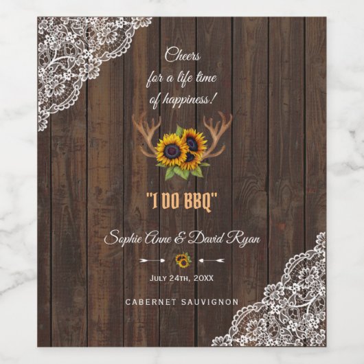 Charm Landelijke Zonnebloemen Geweien Hout Kant I  Wijn Etiket (Enkel label)