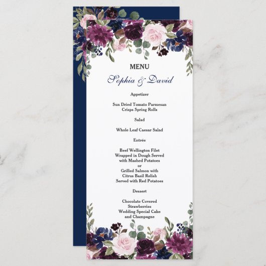 Charm Lavendel Navy Blauwe Bloem Menu (Voorkant / Achterkant)