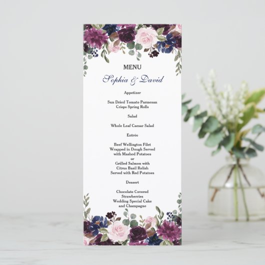 Charm Lavendel Navy Blauwe Bloem Menu (Staand voorkant)
