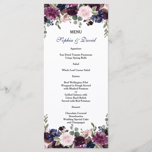 Charm Lavendel Navy Blauwe Bloem Menu (Voorkant)