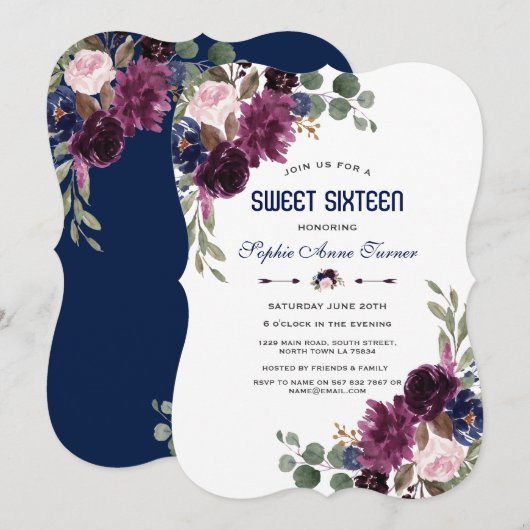 Charm Lavender Navy Blue Floral Bloom Sweet 16 Kaart (Voorkant / Achterkant)