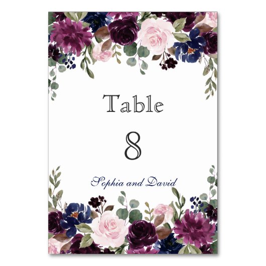 Charm Lavender Navy Blue Floral Bloom Table Number Kaart (Voorkant)