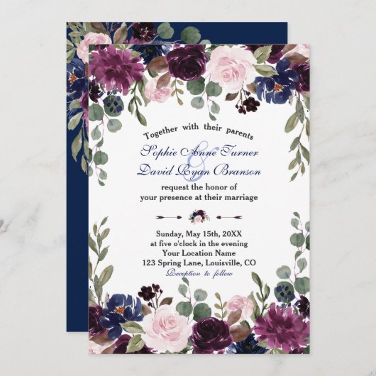 Charm Lavender Navy Blue Floral Bloom Wedding Kaart (Voorkant / Achterkant)