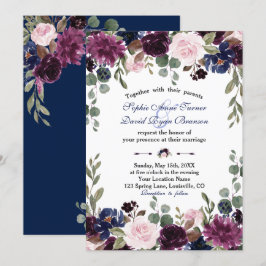 Charm Lavender Navy Blue Floral Bloom Wedding Kaart
