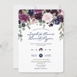 Charm Lavender Navy Blue Floral Bloom Wedding Kaart