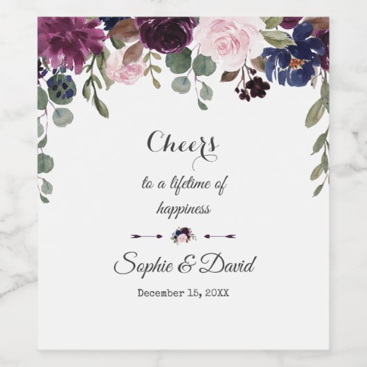 Charm Lavender Navy Blue Floral Bloom Wedding Wijn Etiket (Enkel label)