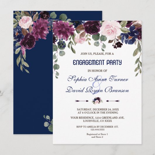 Charm Lavender Navy Blue Floral Engagement Party Kaart (Voorkant / Achterkant)