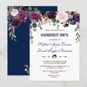 Charm Lavender Navy Blue Floral Engagement Party Kaart