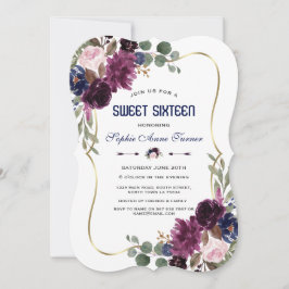 Charm Lavender Navy Gold Floral Bloom Sweet 16 Kaart