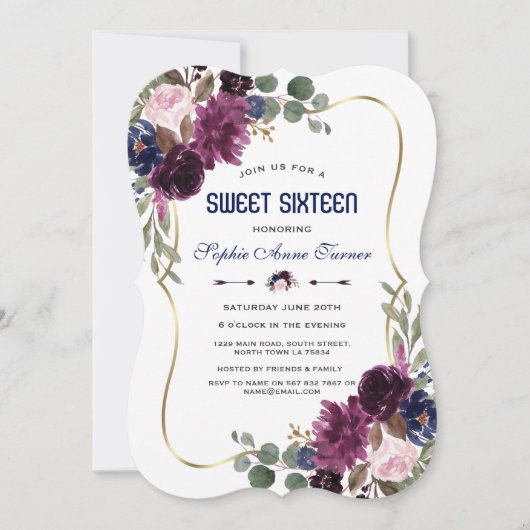 Charm Lavender Navy Gold Floral Bloom Sweet 16 Kaart (Voorkant)