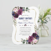 Charm Lavender Navy Gold Floral Bloom Sweet 16 Kaart (Staand voorkant)