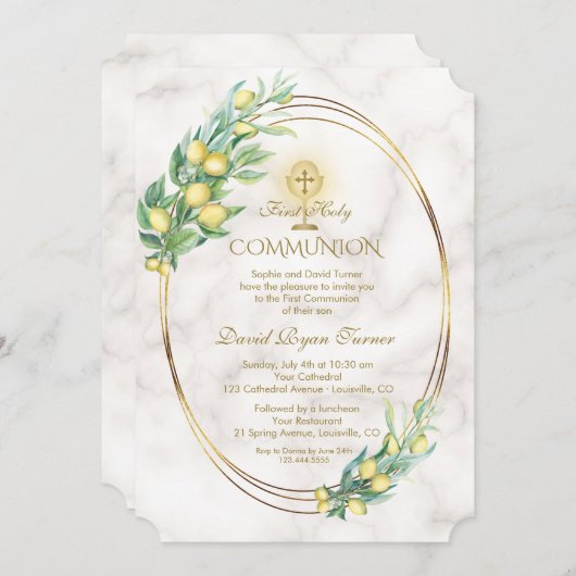 Charm Lemon Branches Marble Gold Heilige Communie Kaart (Voorkant / Achterkant)