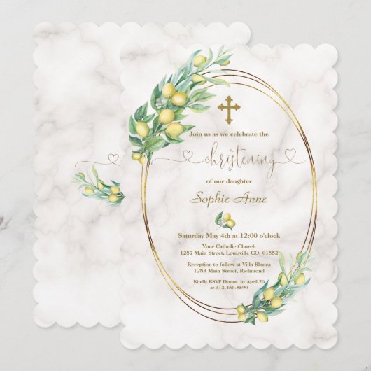 Charm Lemon Fruits Marble Calligraphy Christening Kaart (Voorkant / Achterkant)